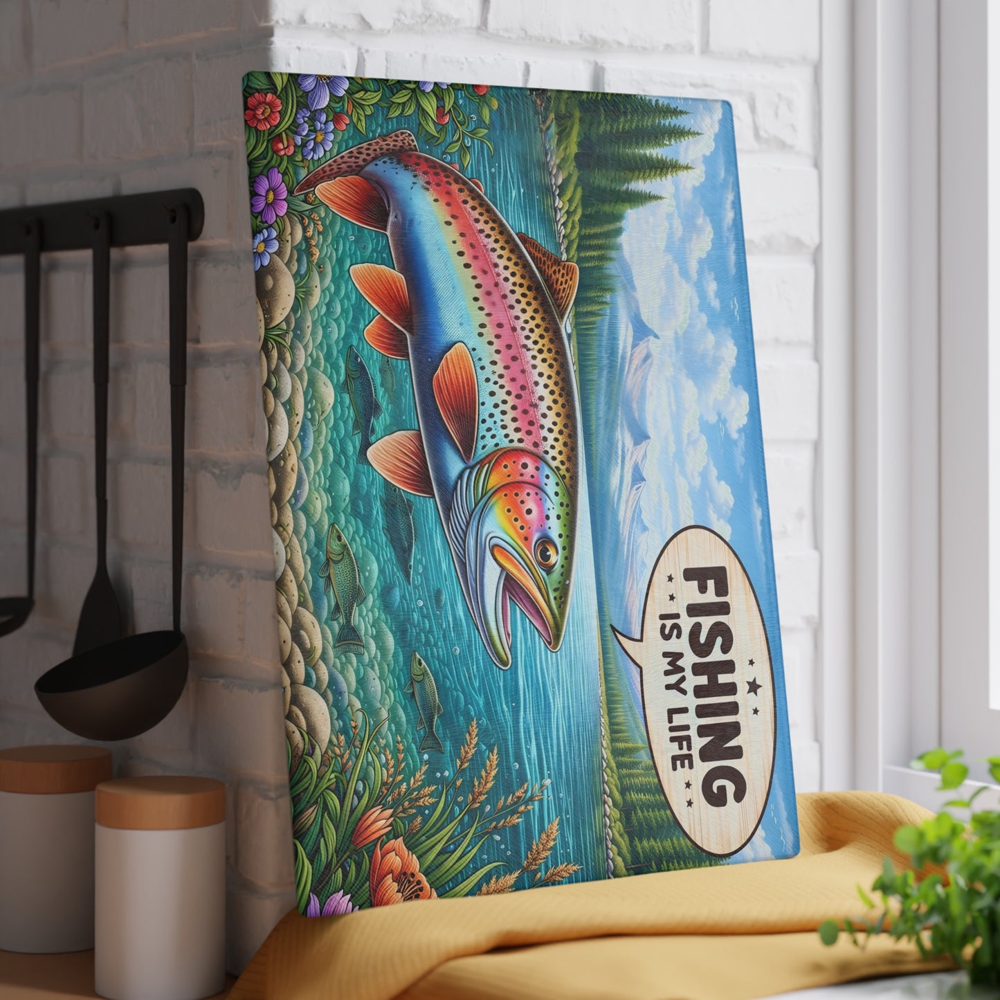 Fishing Is My Life Glass Cutting Board – Colorful Trout Lake Scene with Rustic Fishing Humor