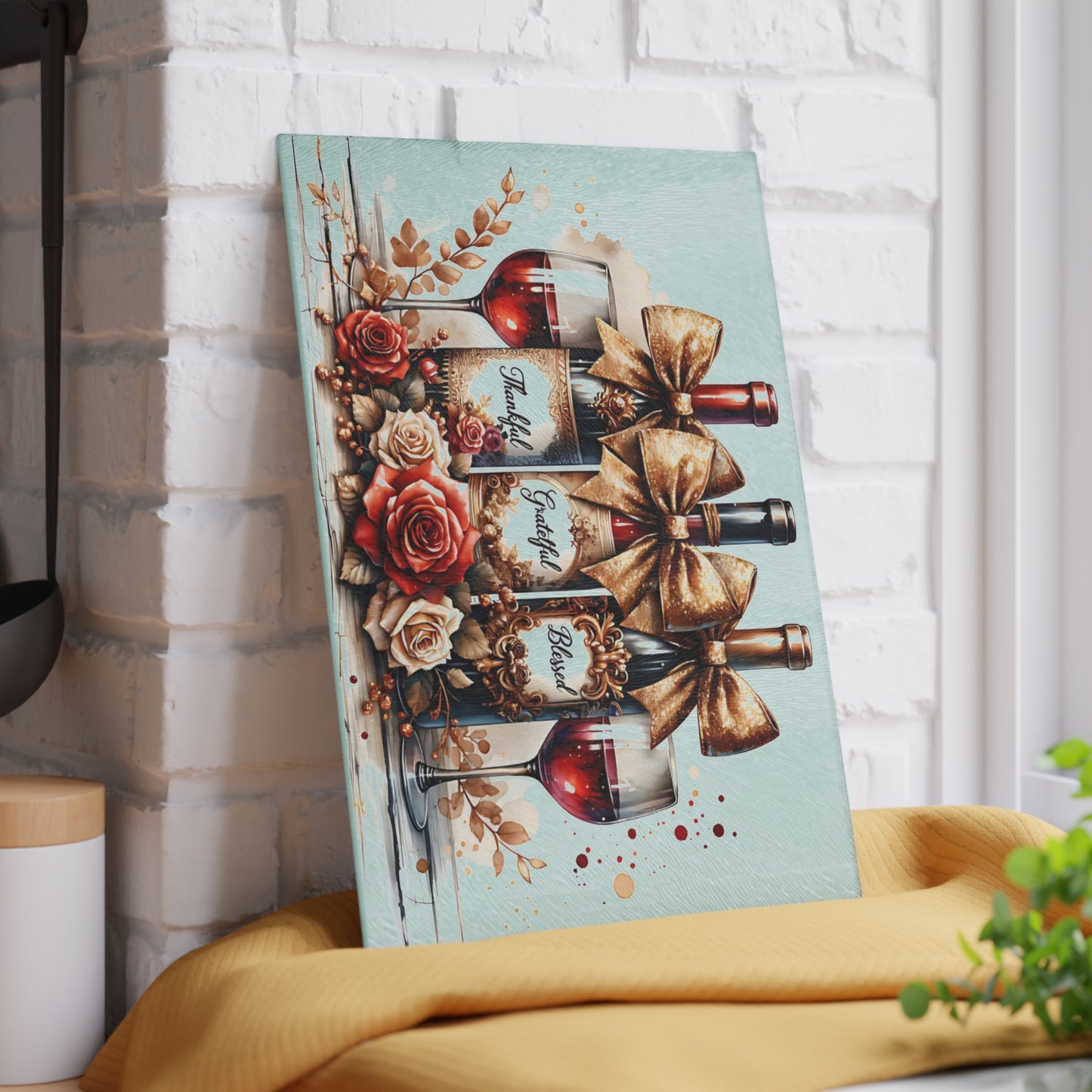 🍷 Thankful, Grateful, Blessed Wine Bottle Cutting Board – Elegant Holiday Kitchen Décor