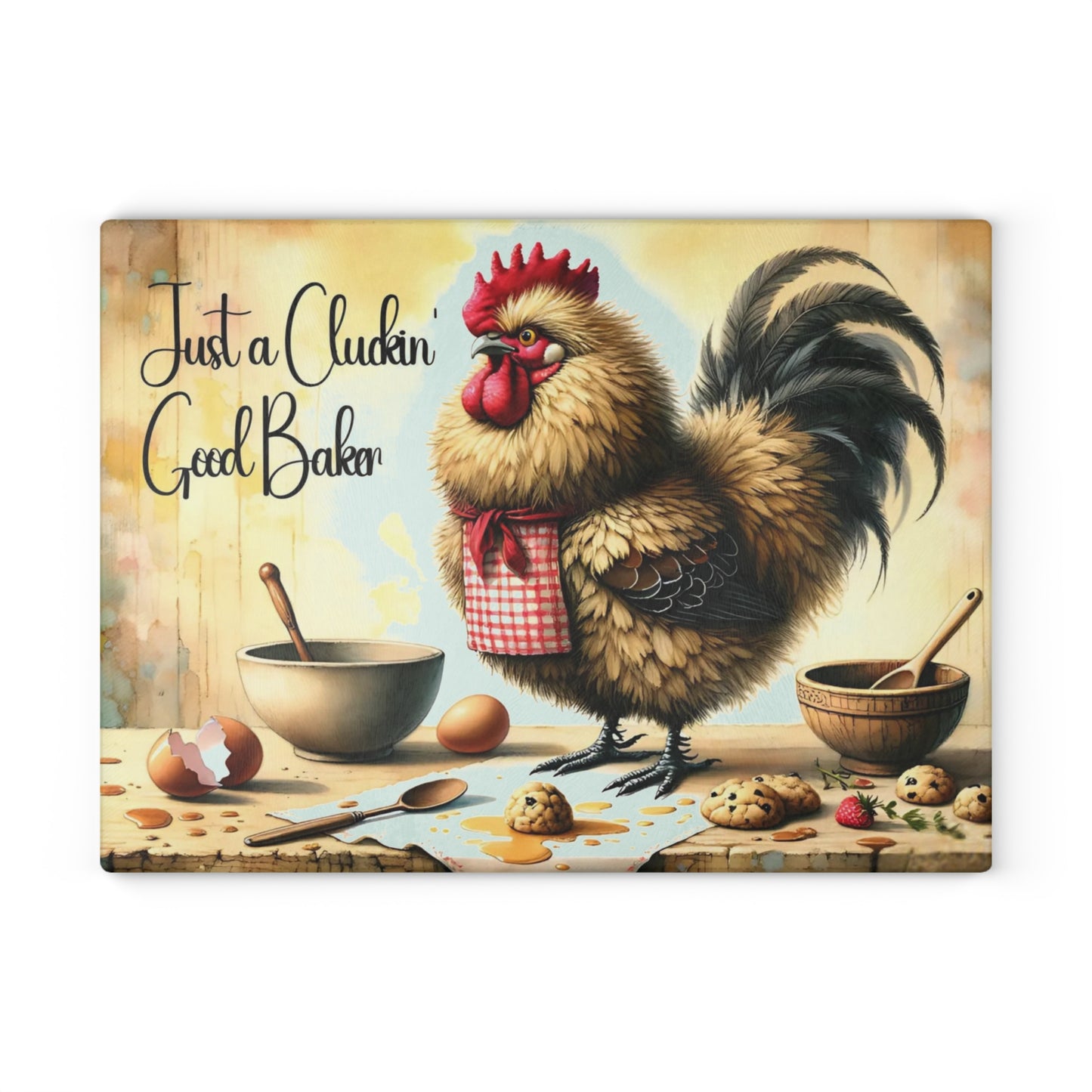🐔🍪 “Just a Cluckin’ Good Baker” Glass Cutting Board – Cozy Laughs for Your Kitchen