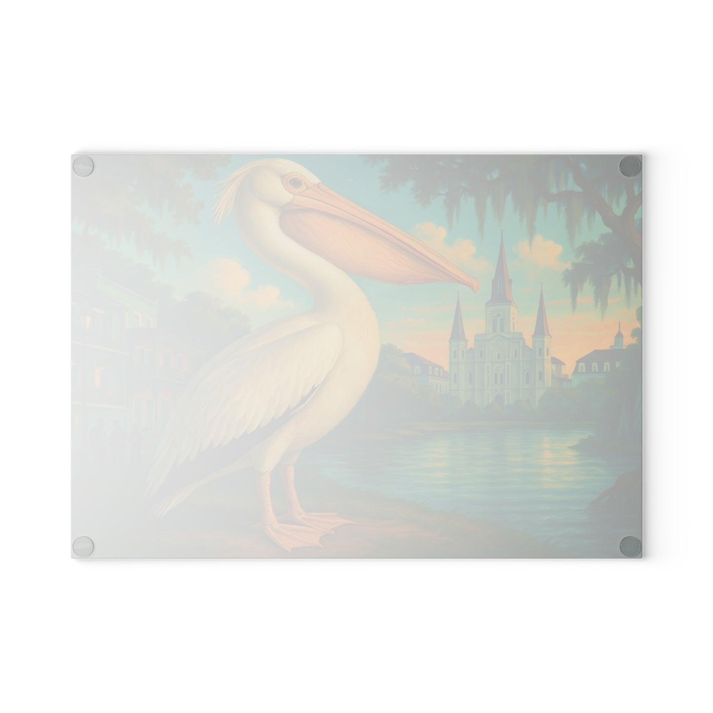 🪶 Pelican at the River – New Orleans Skyline Tempered Glass Cutting Board