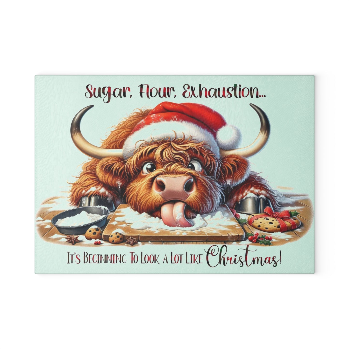 🤣🐮 “Sugar, Flour, Exhaustion” Highland Cow – Funny Christmas Baking Cutting Board 🎄✨