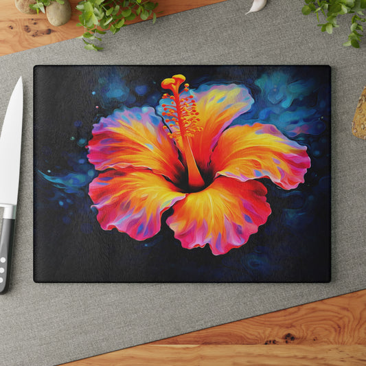 Colorful Hibiscus Flower Glass Cutting Board – Tropical Floral Kitchen Decor