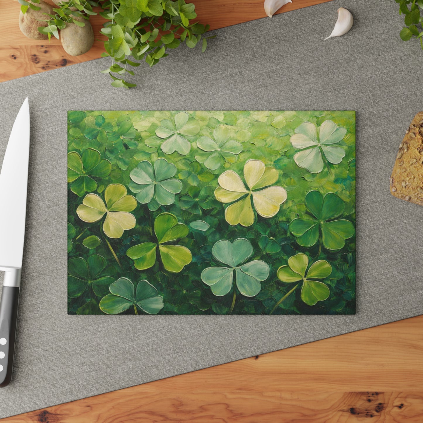 Shamrock Meadow Glass Cutting Board – Painterly Green Clover Kitchen Accent