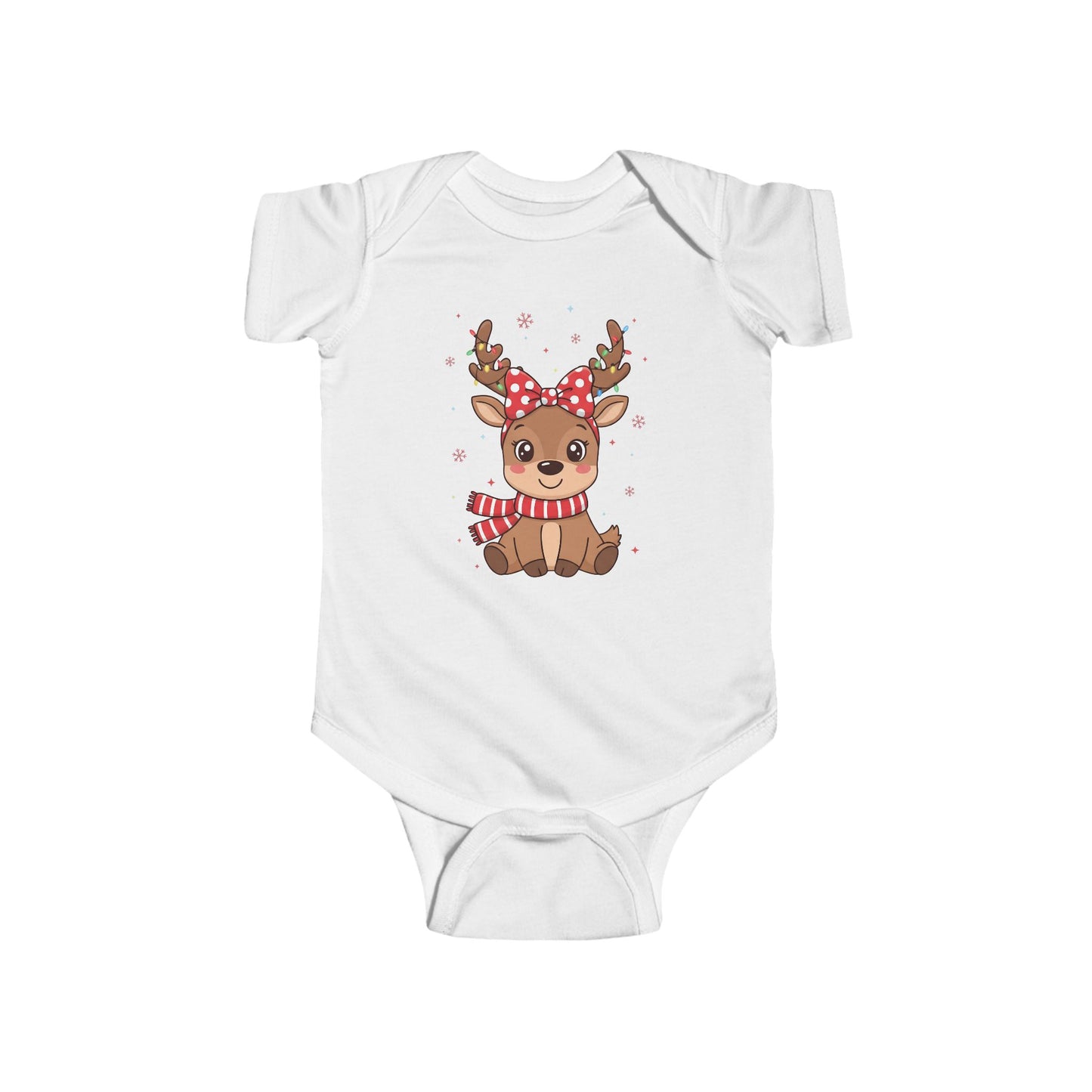 🎀 Reindeer Girl Baby Onesie – Polka Dot Bow & Twinkle Lights Edition 🦌✨