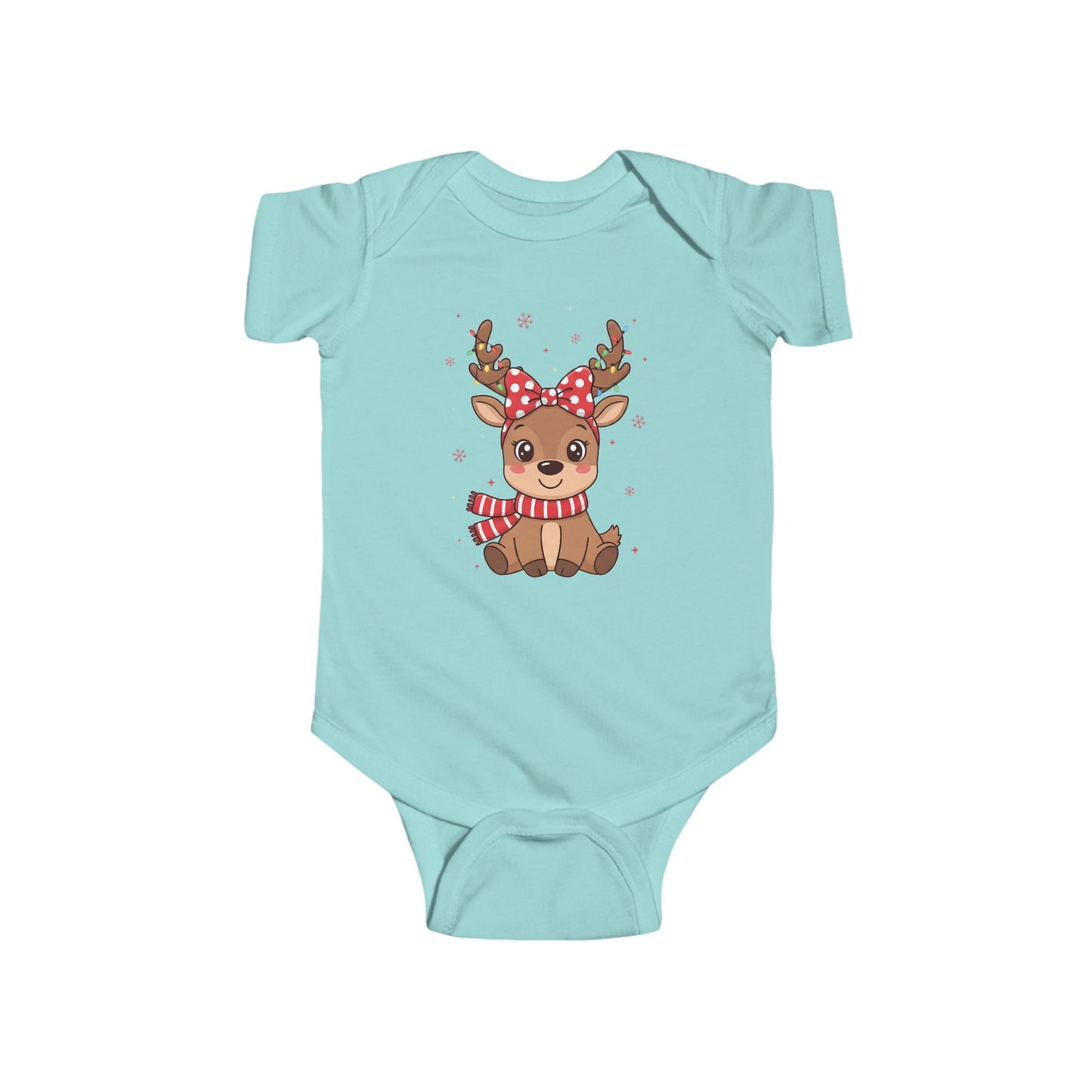 🎀 Reindeer Girl Baby Onesie – Polka Dot Bow & Twinkle Lights Edition 🦌✨