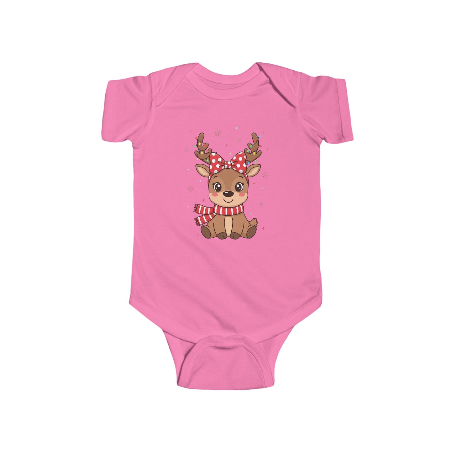 🎀 Reindeer Girl Baby Onesie – Polka Dot Bow & Twinkle Lights Edition 🦌✨