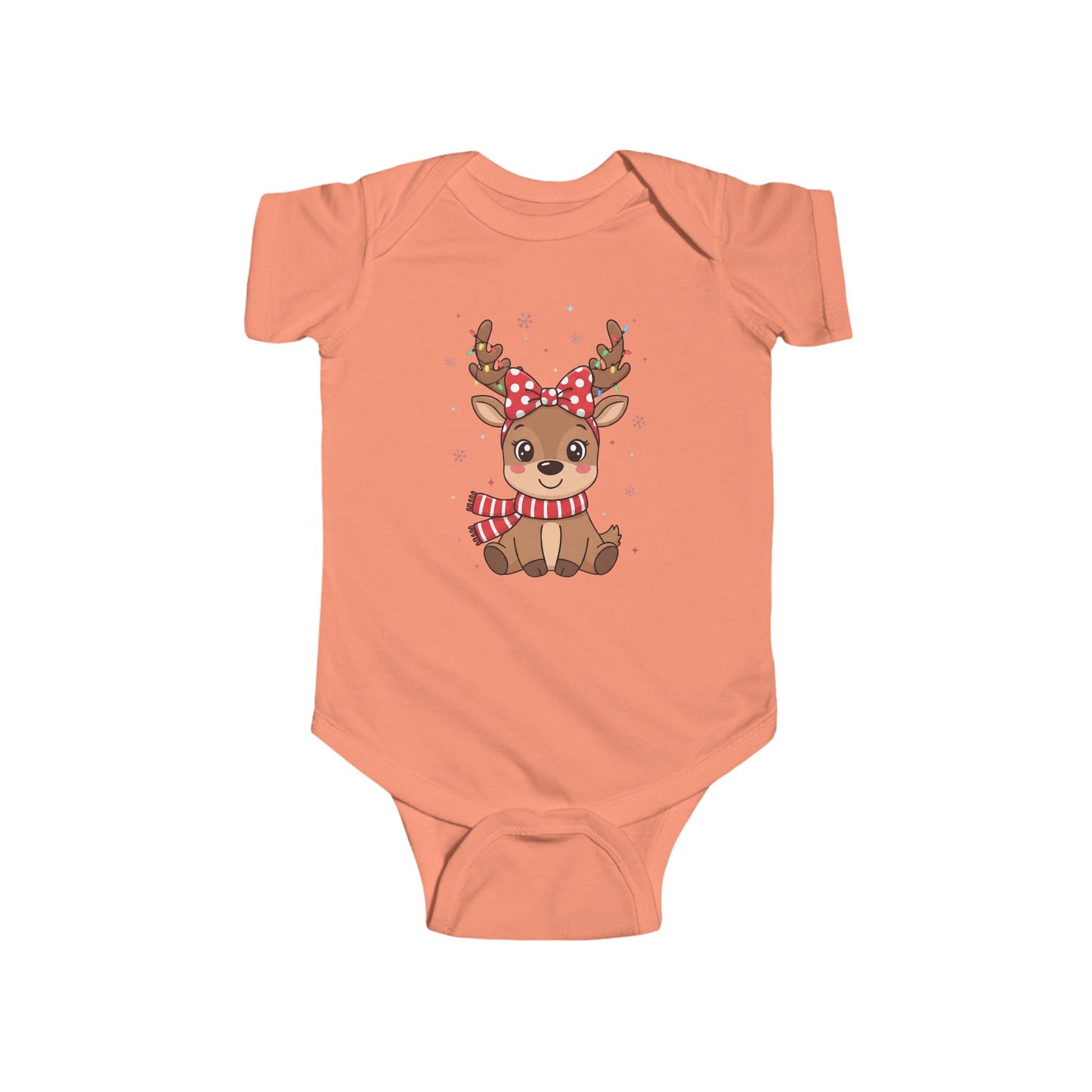 🎀 Reindeer Girl Baby Onesie – Polka Dot Bow & Twinkle Lights Edition 🦌✨
