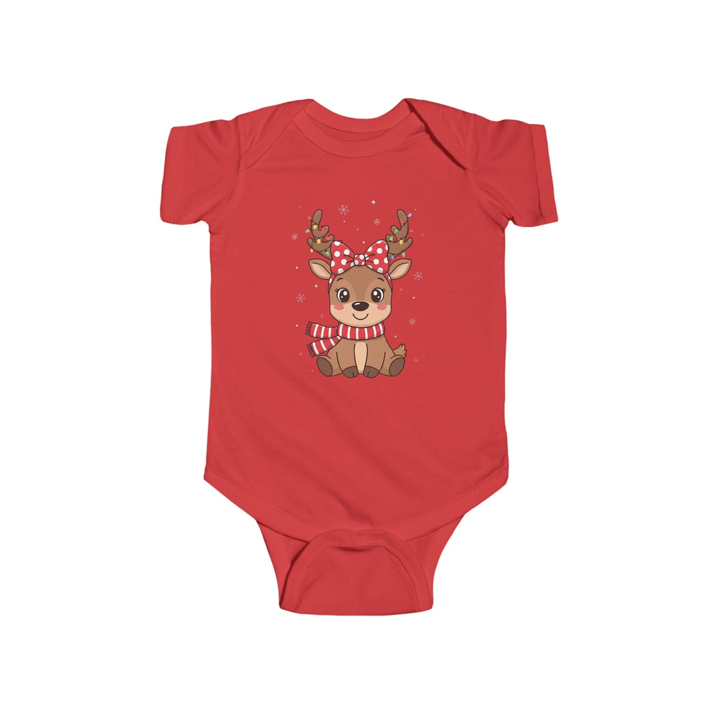 🎀 Reindeer Girl Baby Onesie – Polka Dot Bow & Twinkle Lights Edition 🦌✨