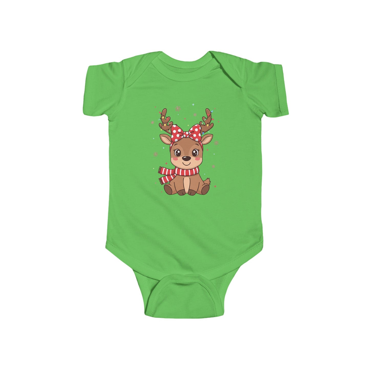 🎀 Reindeer Girl Baby Onesie – Polka Dot Bow & Twinkle Lights Edition 🦌✨