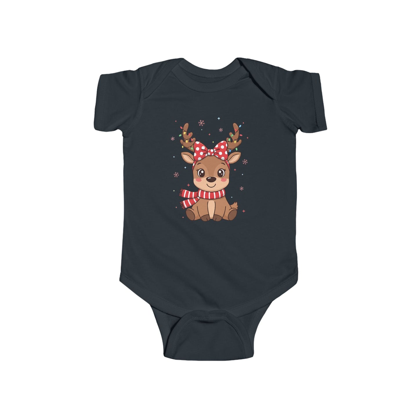 🎀 Reindeer Girl Baby Onesie – Polka Dot Bow & Twinkle Lights Edition 🦌✨