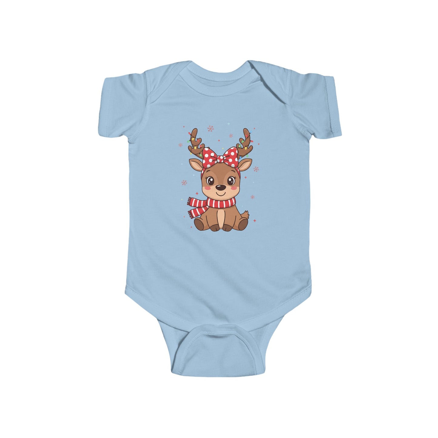 🎀 Reindeer Girl Baby Onesie – Polka Dot Bow & Twinkle Lights Edition 🦌✨