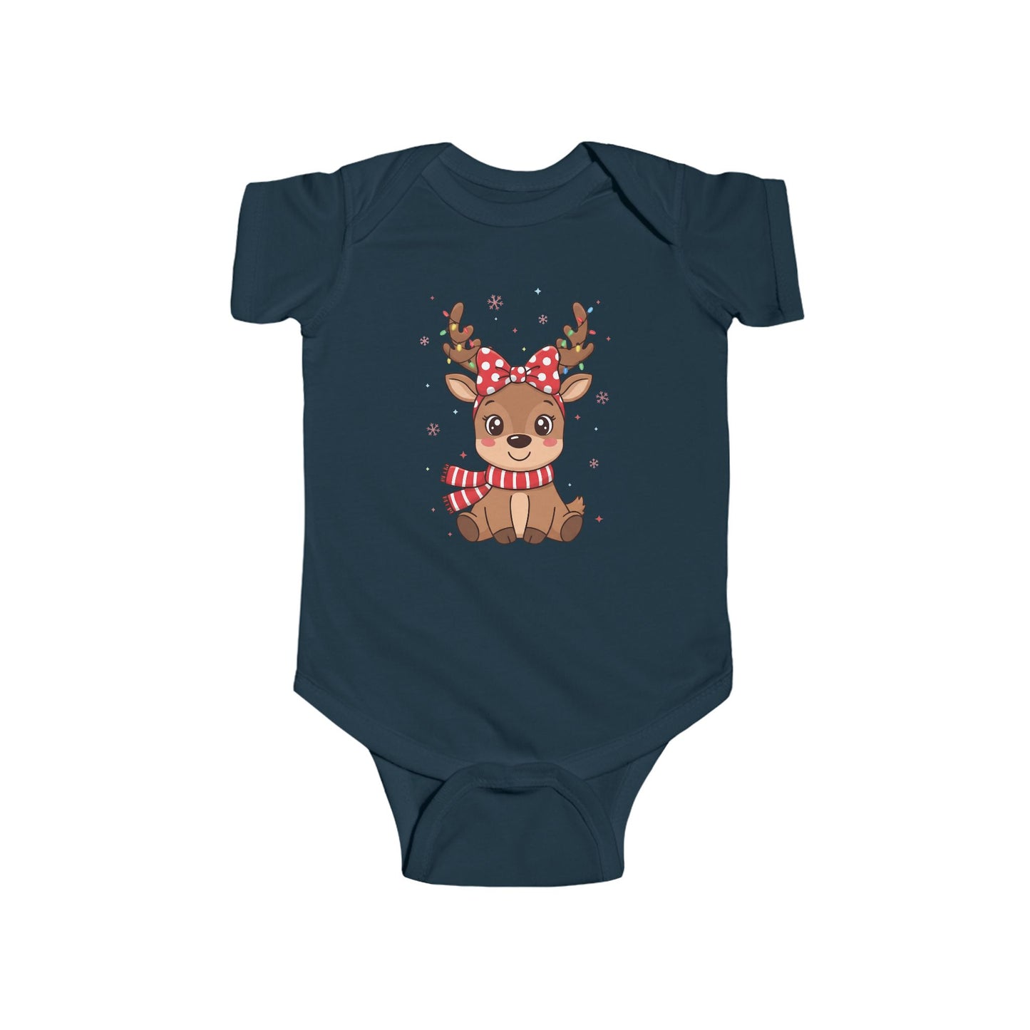🎀 Reindeer Girl Baby Onesie – Polka Dot Bow & Twinkle Lights Edition 🦌✨