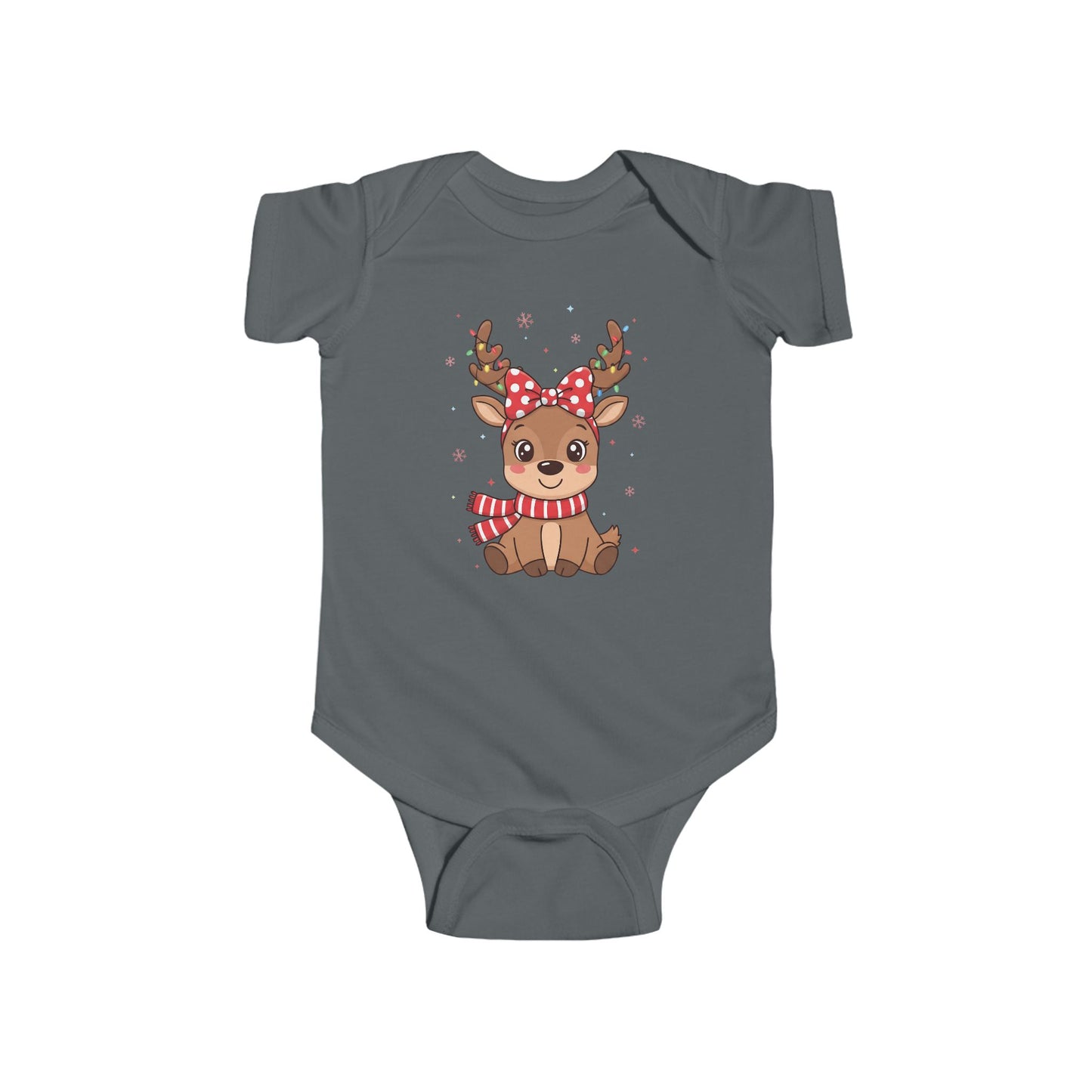 🎀 Reindeer Girl Baby Onesie – Polka Dot Bow & Twinkle Lights Edition 🦌✨