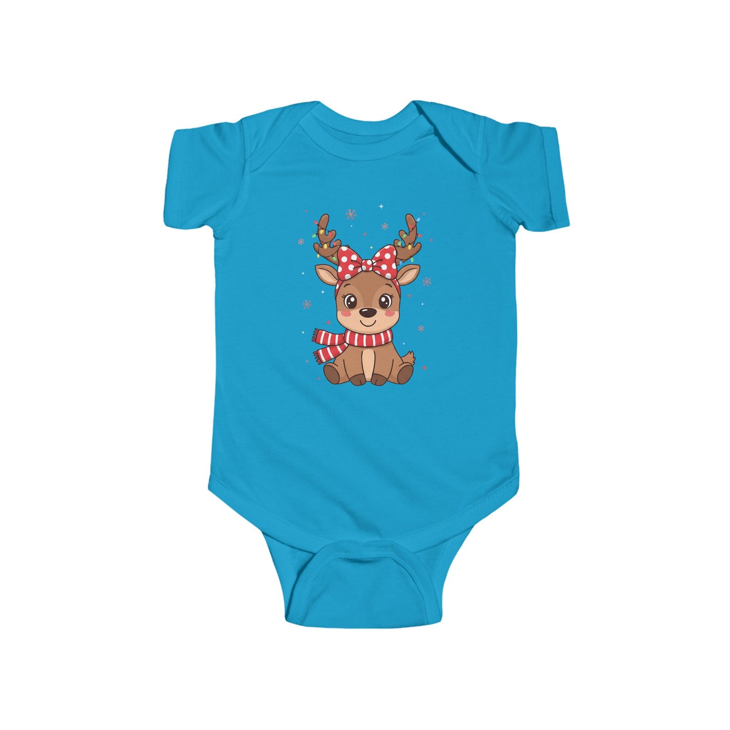 🎀 Reindeer Girl Baby Onesie – Polka Dot Bow & Twinkle Lights Edition 🦌✨