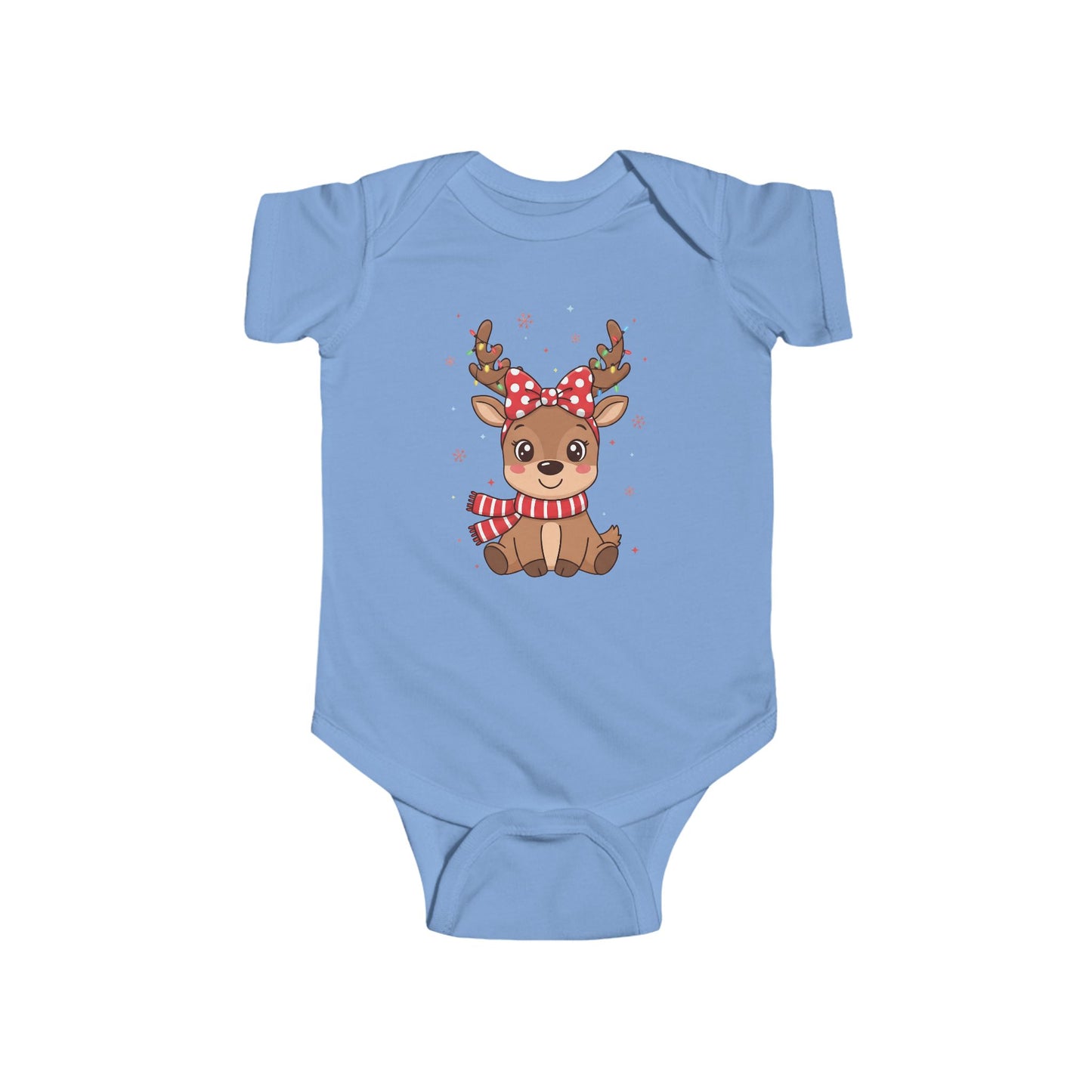 🎀 Reindeer Girl Baby Onesie – Polka Dot Bow & Twinkle Lights Edition 🦌✨