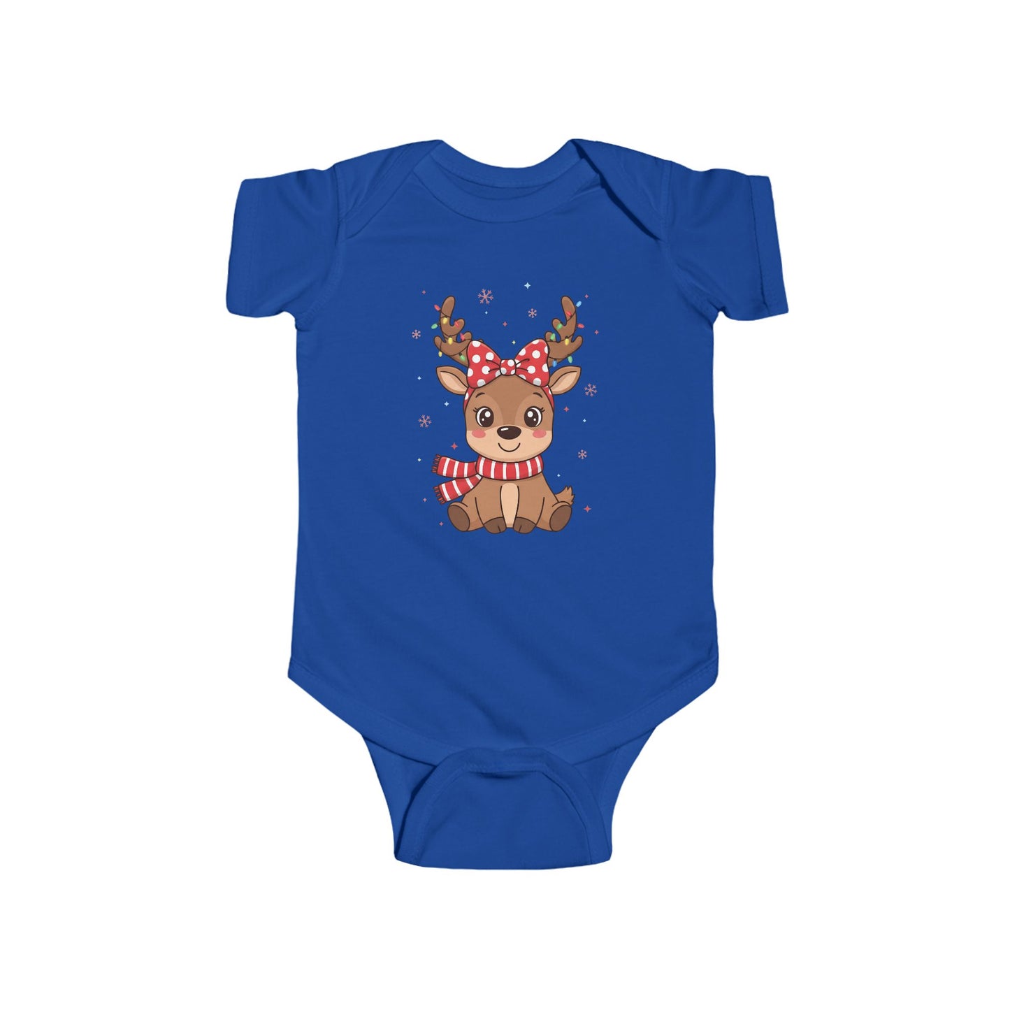 🎀 Reindeer Girl Baby Onesie – Polka Dot Bow & Twinkle Lights Edition 🦌✨