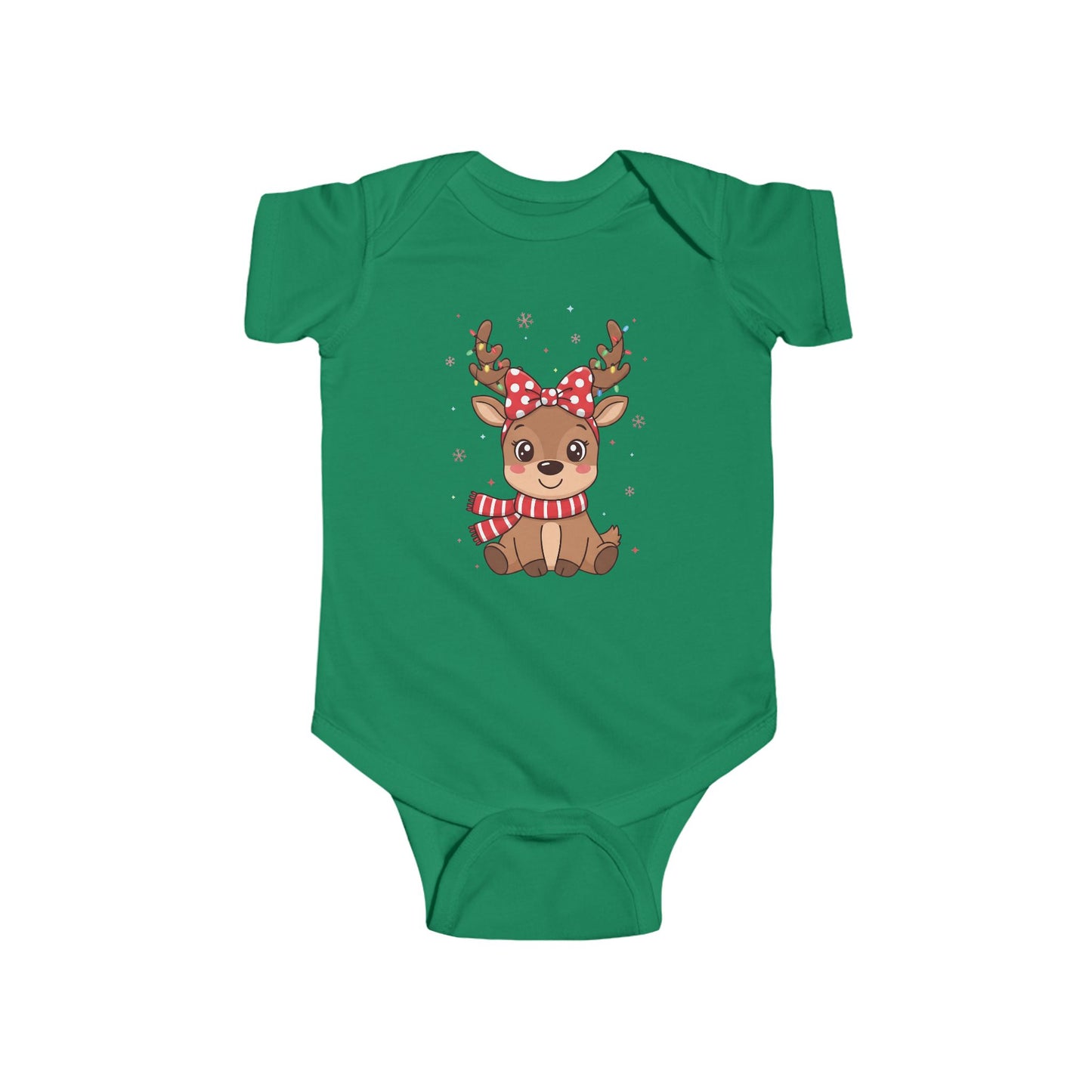 🎀 Reindeer Girl Baby Onesie – Polka Dot Bow & Twinkle Lights Edition 🦌✨