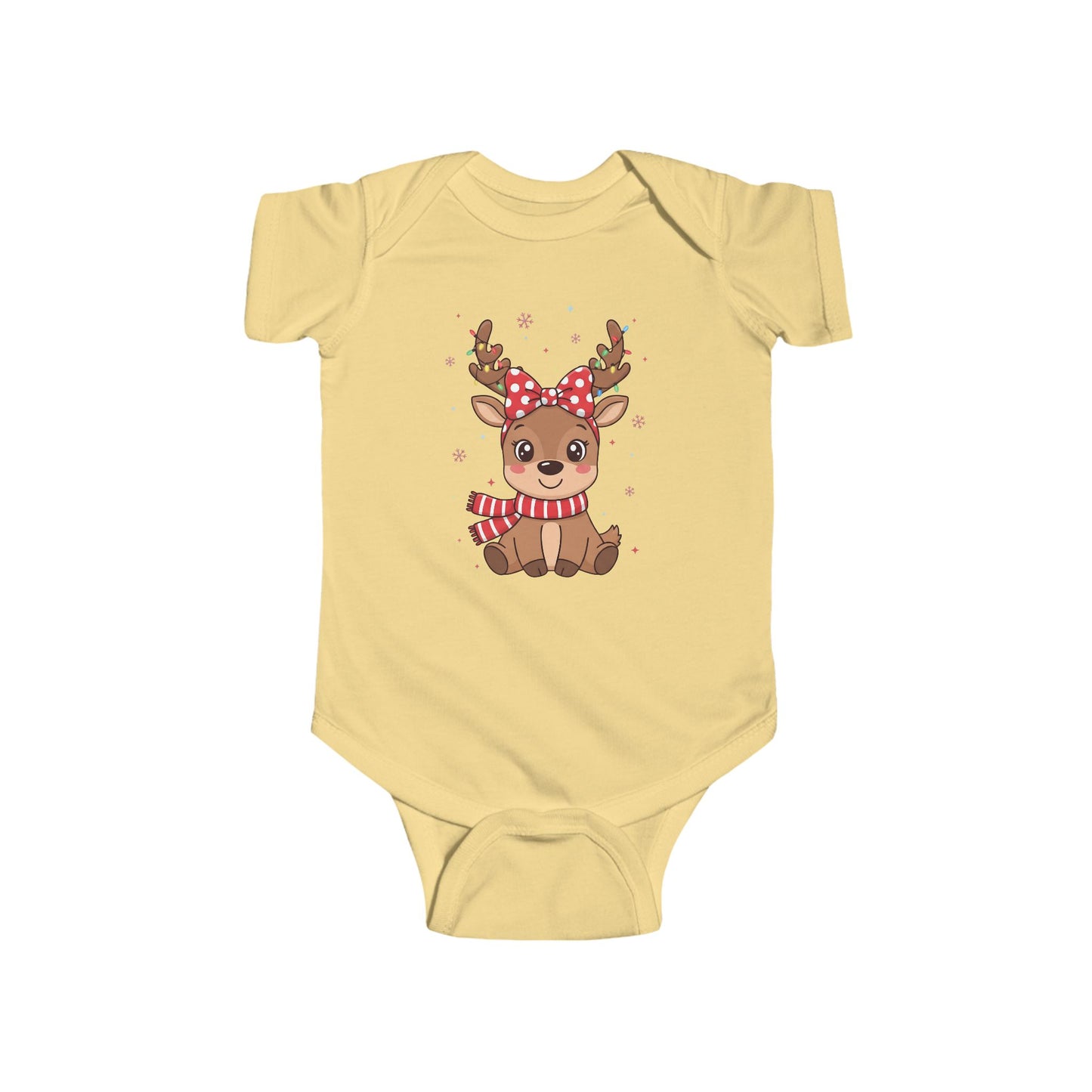 🎀 Reindeer Girl Baby Onesie – Polka Dot Bow & Twinkle Lights Edition 🦌✨