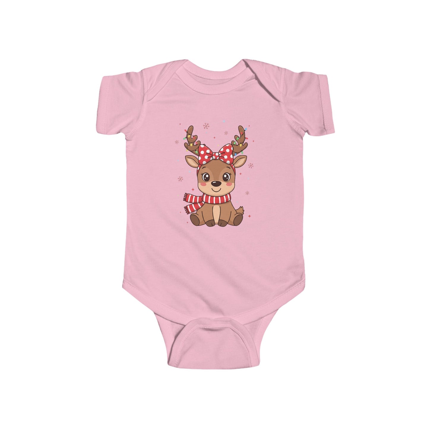 🎀 Reindeer Girl Baby Onesie – Polka Dot Bow & Twinkle Lights Edition 🦌✨