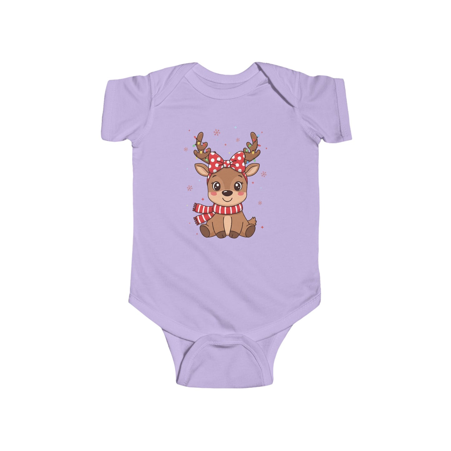 🎀 Reindeer Girl Baby Onesie – Polka Dot Bow & Twinkle Lights Edition 🦌✨