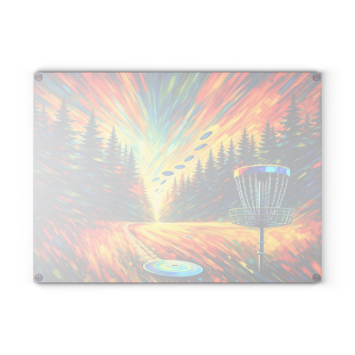 Disc Golf Basket Sunset Glass Cutting Board – Colorful Outdoor Sports Artwork