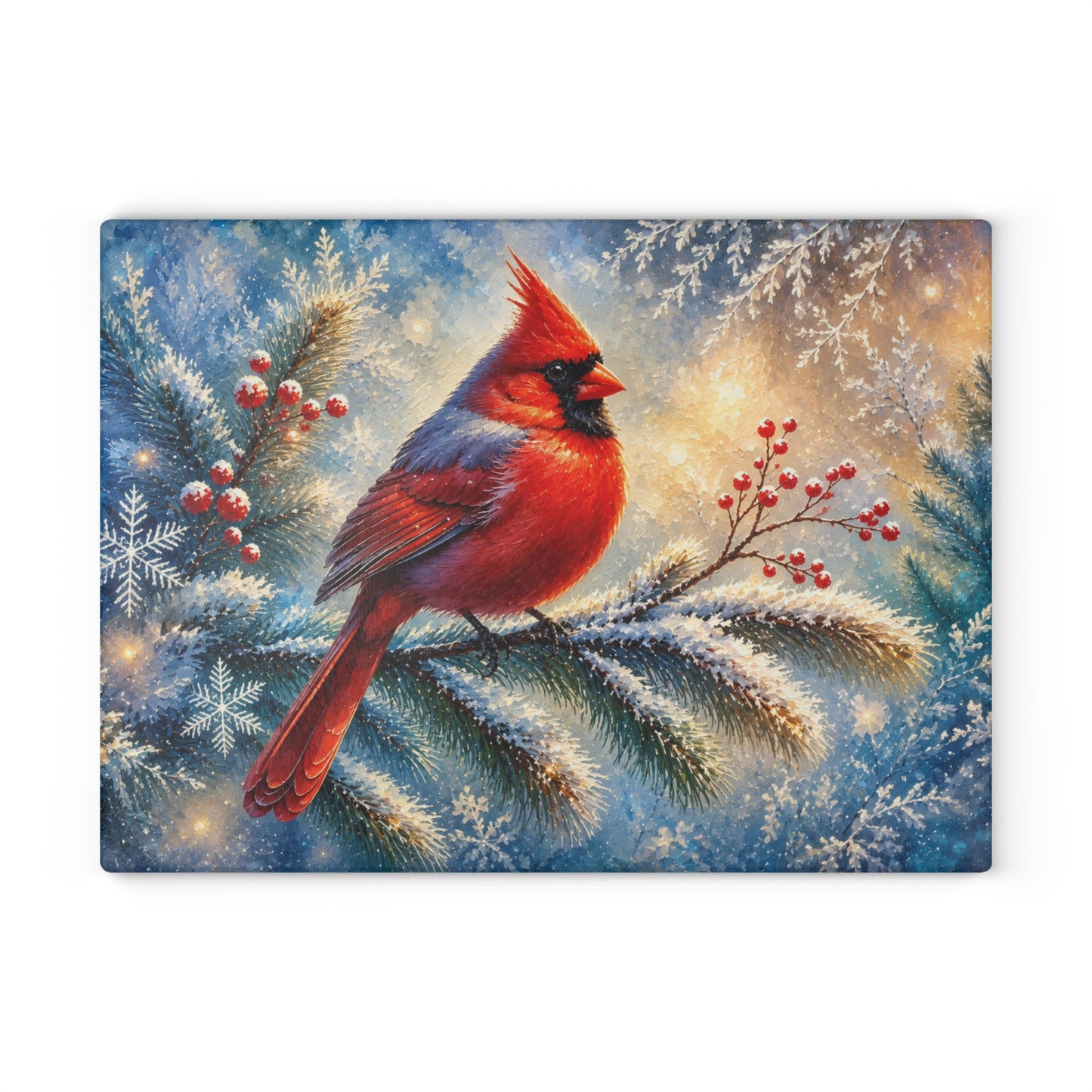 Winter Cardinal Glass Cutting Board – Snowy Red Bird & Evergreen Kitchen Decor