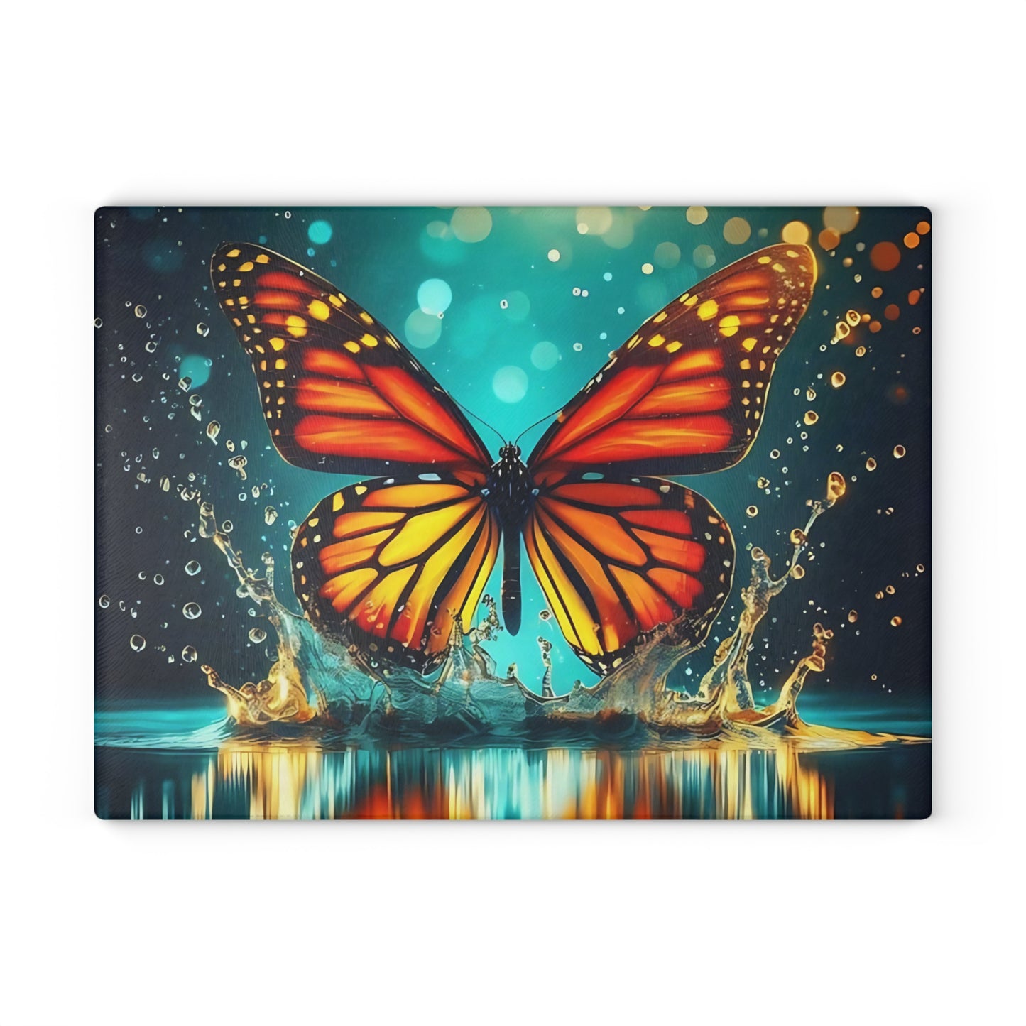 Monarch Butterfly Splash Glass Cutting Board – Vibrant Water Scene, Nature-Inspired Kitchen Decor