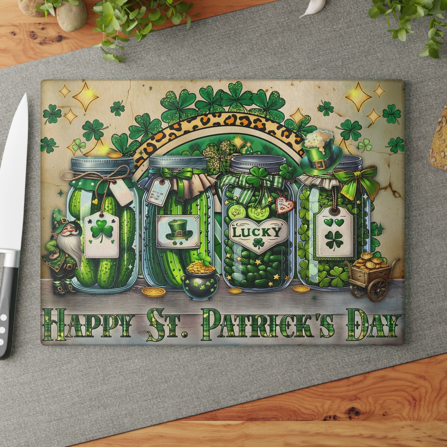 Lucky Shamrock Jars Glass Cutting Board – St. Patrick’s Day Kitchen Décor