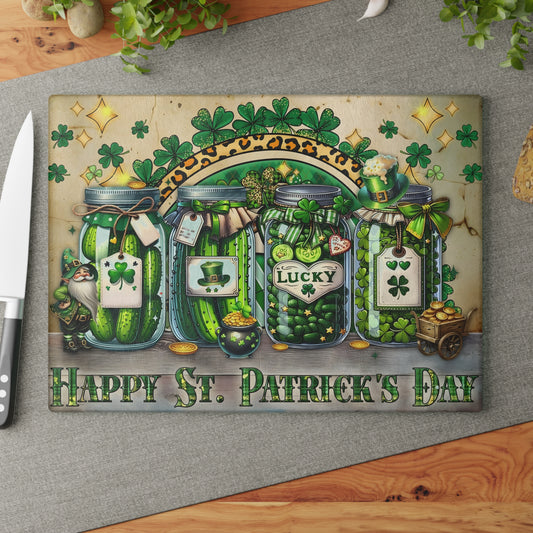 Lucky Shamrock Jars Glass Cutting Board – St. Patrick’s Day Kitchen Décor