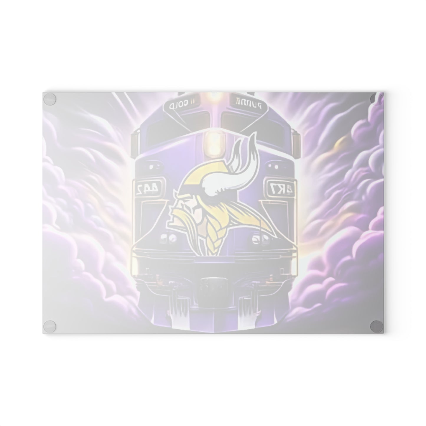 Purple & Gold Express Glass Cutting Board – Regal Train Design for Elegant Kitchens