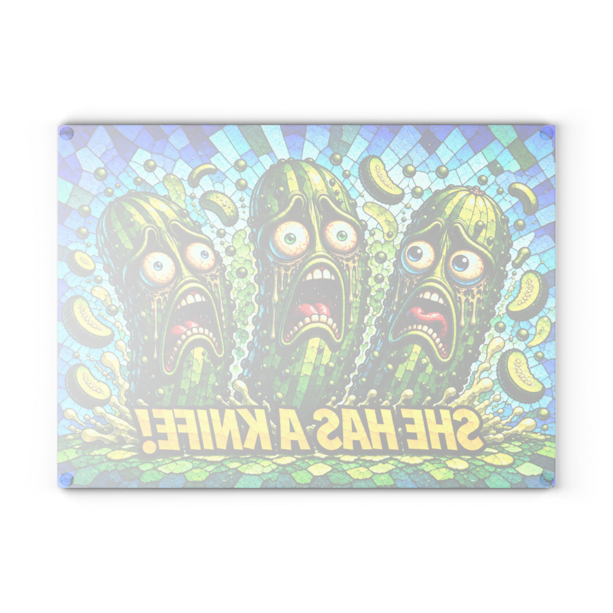She Has a Knife! Funny Pickle Stained-Glass-Inspired Glass Cutting Board