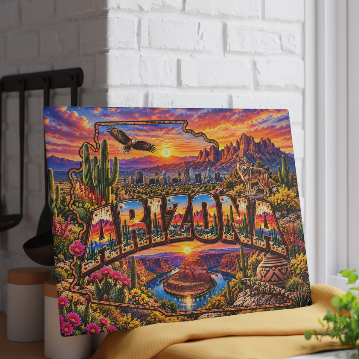 Arizona Glass Cutting Board – Arizona State Map, Grand Canyon, Saguaro Cactus, Desert Wildlife & Sunset Kitchen Décor
