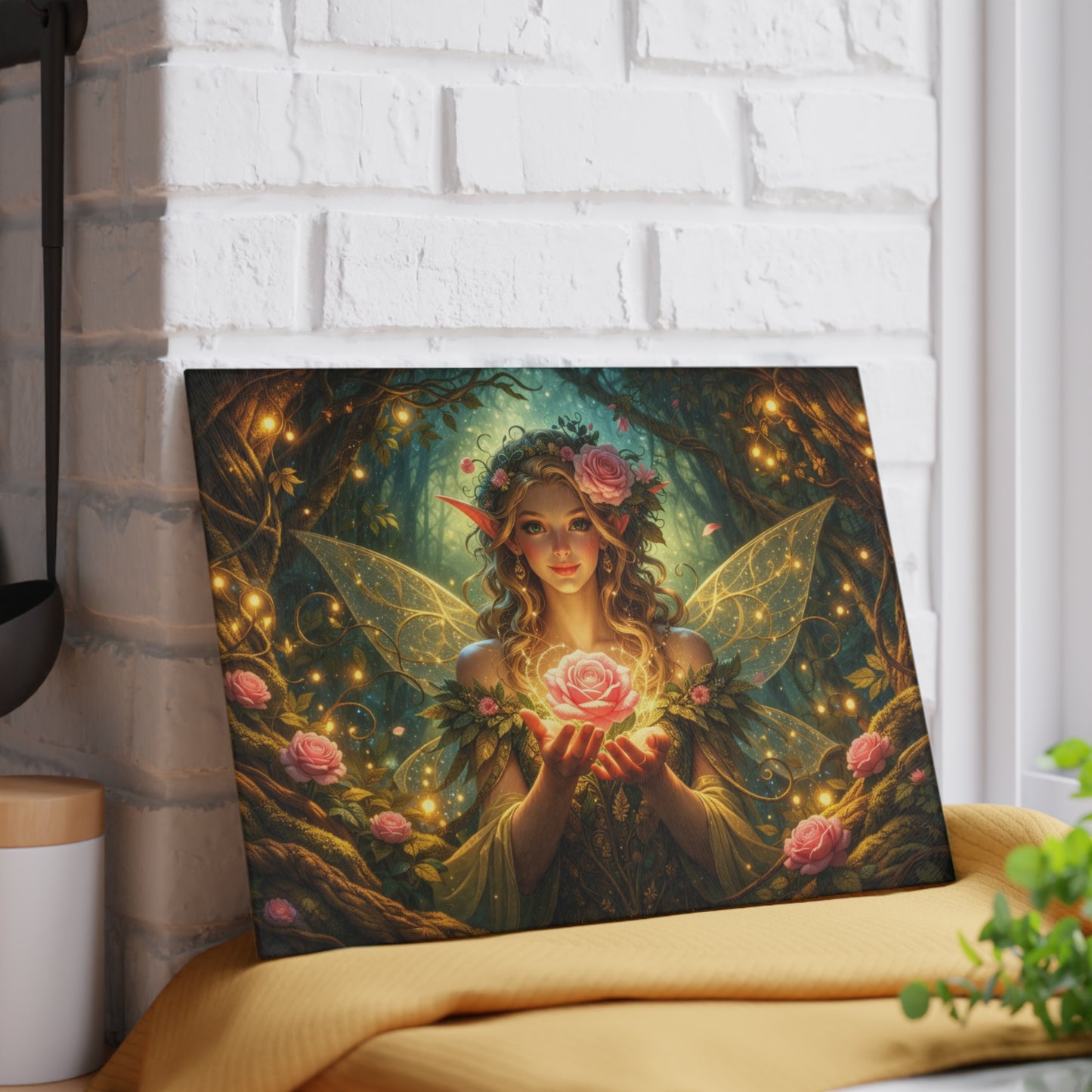 Enchanted Forest Fairy Glass Cutting Board – Magical Rose Fantasy Art Kitchen Decor