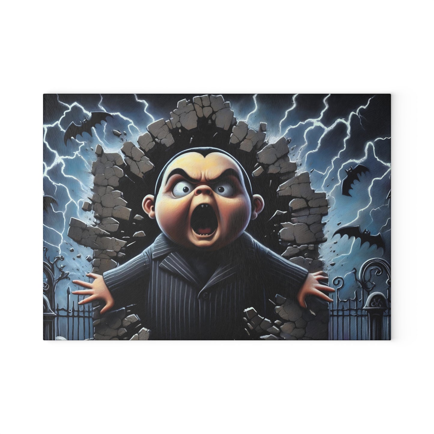 🦇 Screaming Darkling Cutting Board – Gothic Cartoon Chaos with Bats, Lightning & Broken Walls ⚡🍽️