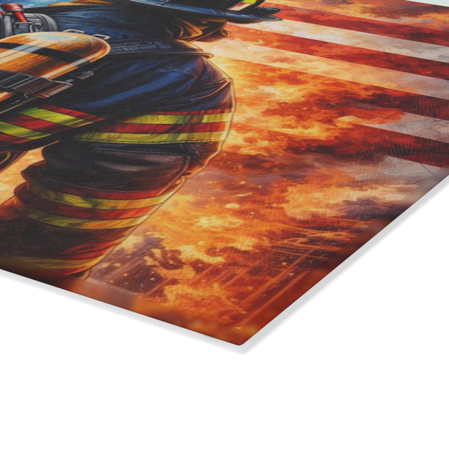 American Firefighter Tribute Glass Cutting Board – Patriotic Hero Kitchen Art
