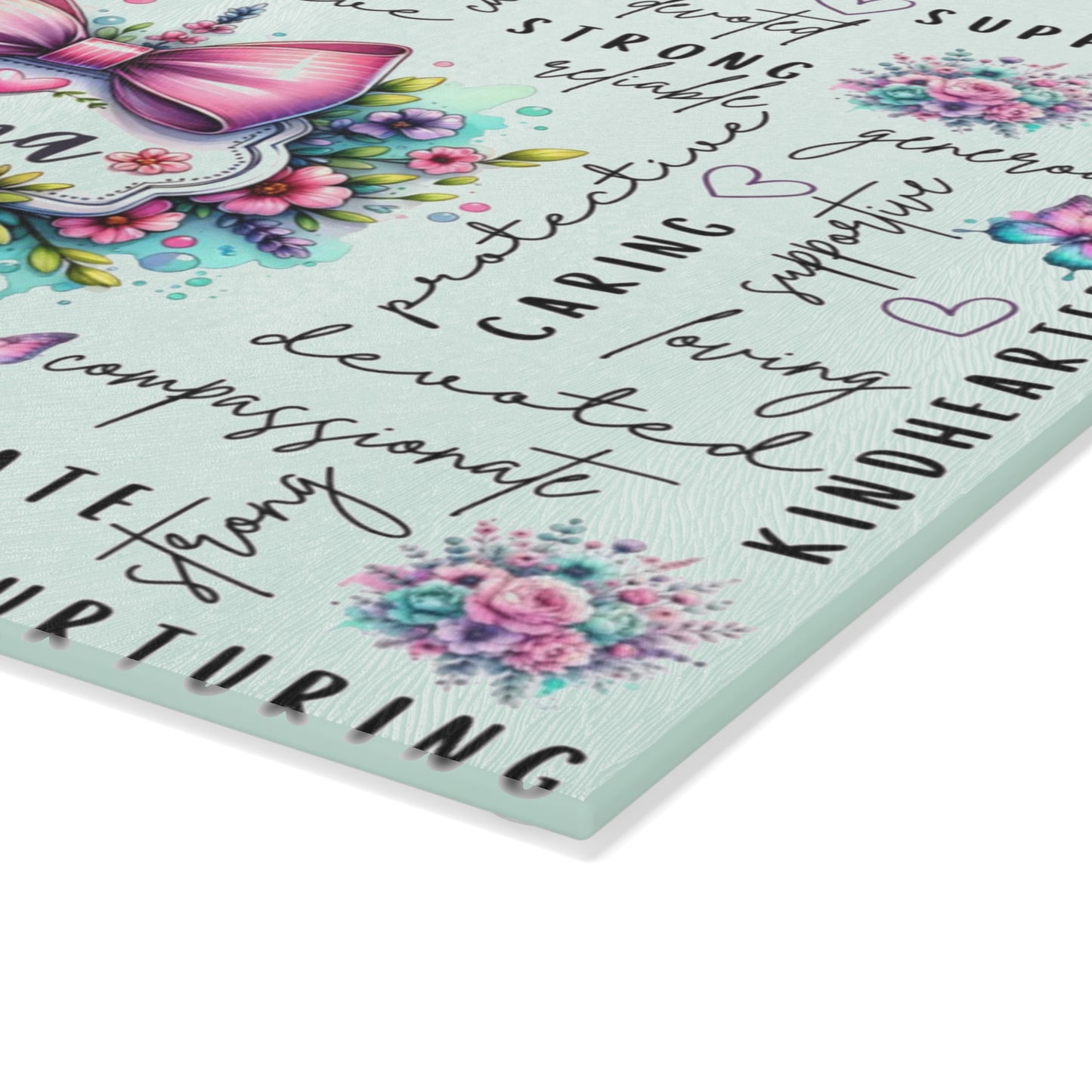 🌸 Mama Pink Bow & Floral Tempered Glass Cutting Board – Inspirational Word Art Kitchen Décor