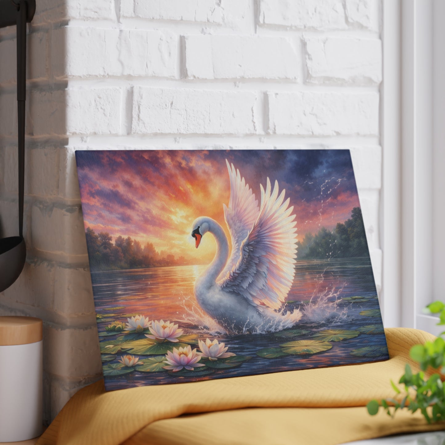 Graceful Swan Sunset Glass Cutting Board – Elegant Lake Nature Kitchen Art