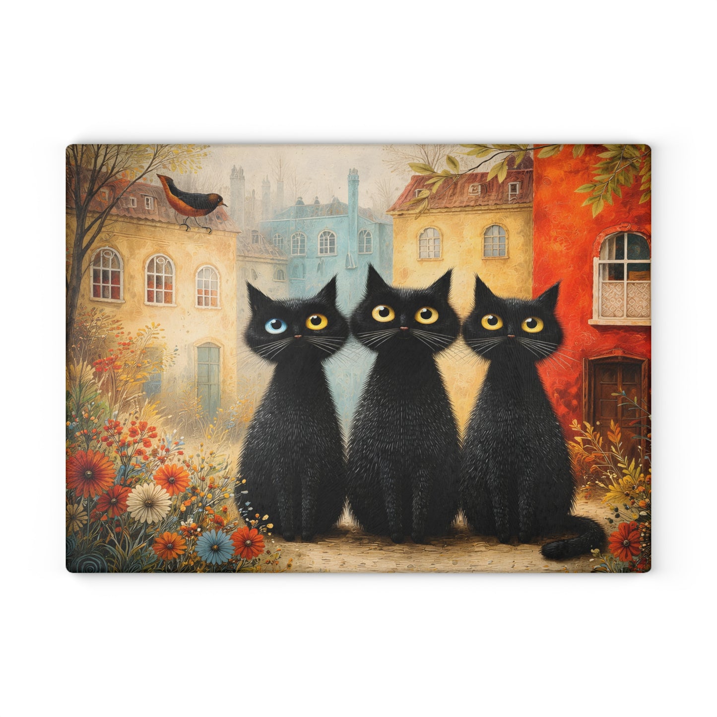 Whimsical Black Cat Glass Cutting Board – Storybook Village Cat Art Kitchen Decor