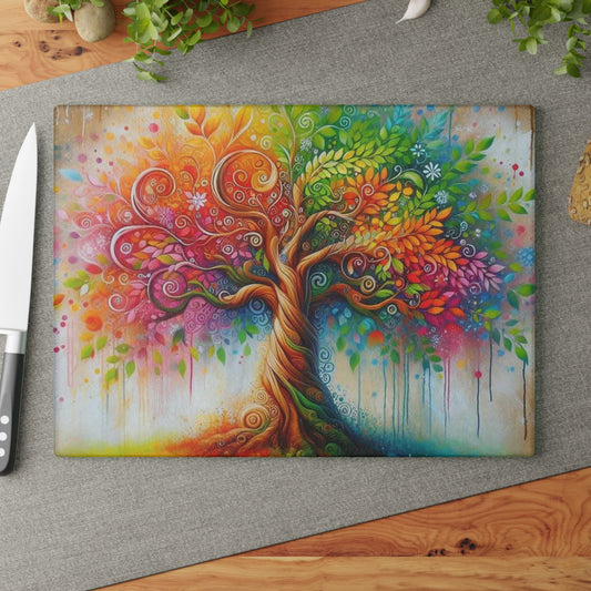 Tabla de cortar de vidrio templado con diseño del Árbol de la Vida de colores