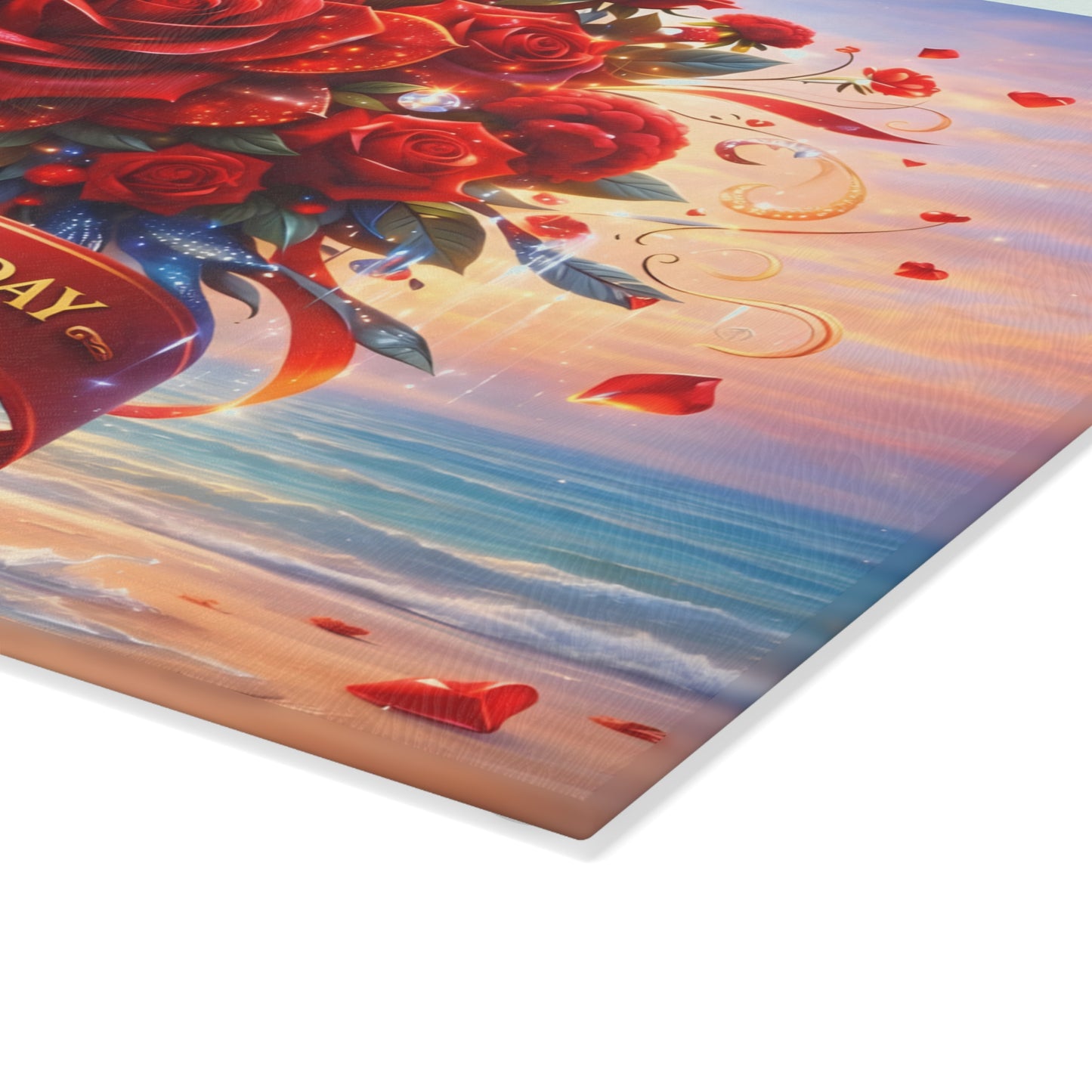 Happy Mothers Day Beach-Themed Glass Cutting Board – "Happy Mother’s Day" Ribbon with Roses, Glass cutting board, beach decor, coastal kitchen, Charcuterie Board, Custom cutting board, Flowers
