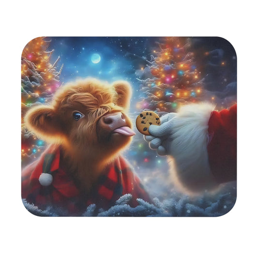 🖱️🎄🐮 Christmas Highland Calf Mouse Pad – Santa Cookie & Holiday Lights
