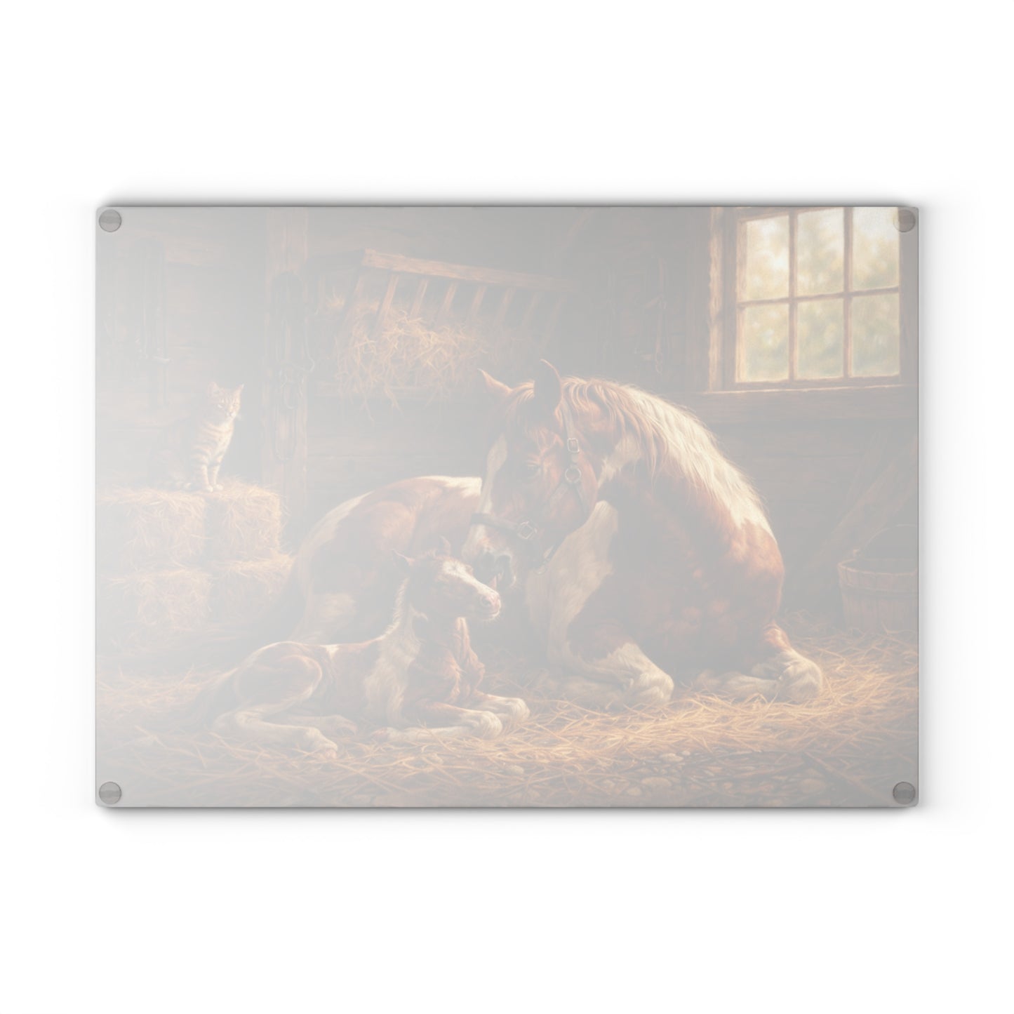 Mother Horse and Foal Barn Scene Glass Cutting Board – Rustic Farmhouse Kitchen Decor with Country Stable Artwork