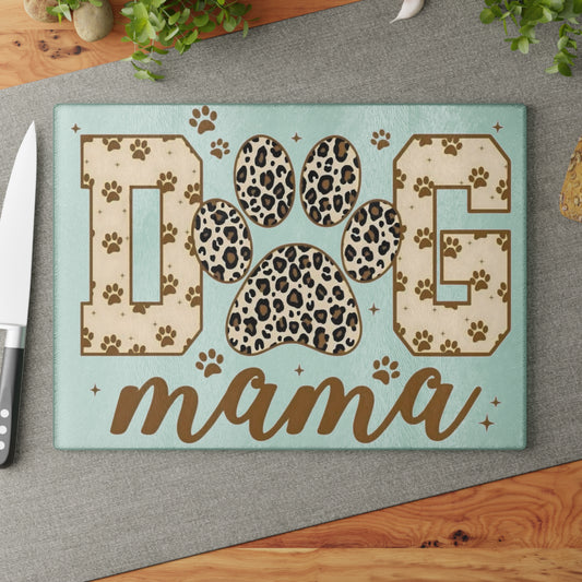 Tabla de cortar de vidrio templado Dog Mama – Diseño de huella de leopardo