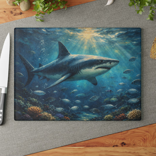 Guardian of the Deep Glass Cutting Board – Majestic Ocean Shark Artwork