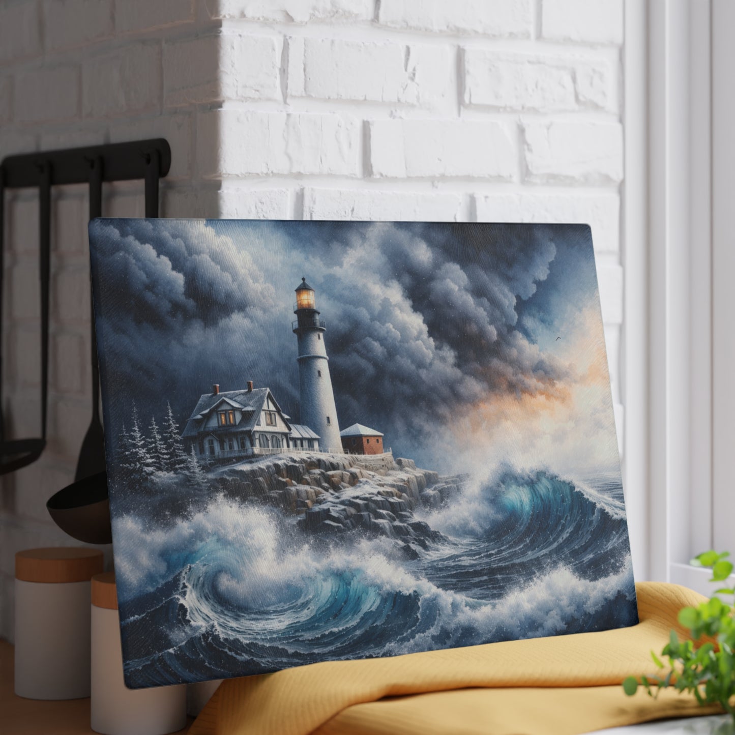 Storm watch Lighthouse Glass Cutting Board – Dramatic Coastal Ocean Art