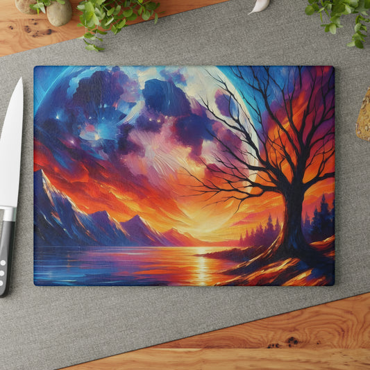 🌙🔥 Celestial Sunset Glow Cutting Board – Vibrant Sky & Tree Reflection Art 🔥🌙