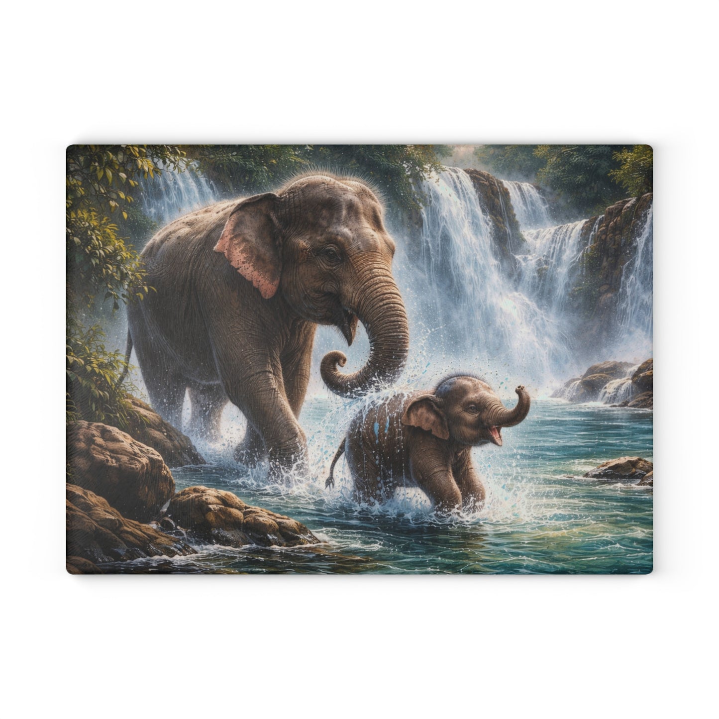 Elephant Waterfall Adventure Glass Cutting Board – Playful Wildlife Nature Kitchen Art