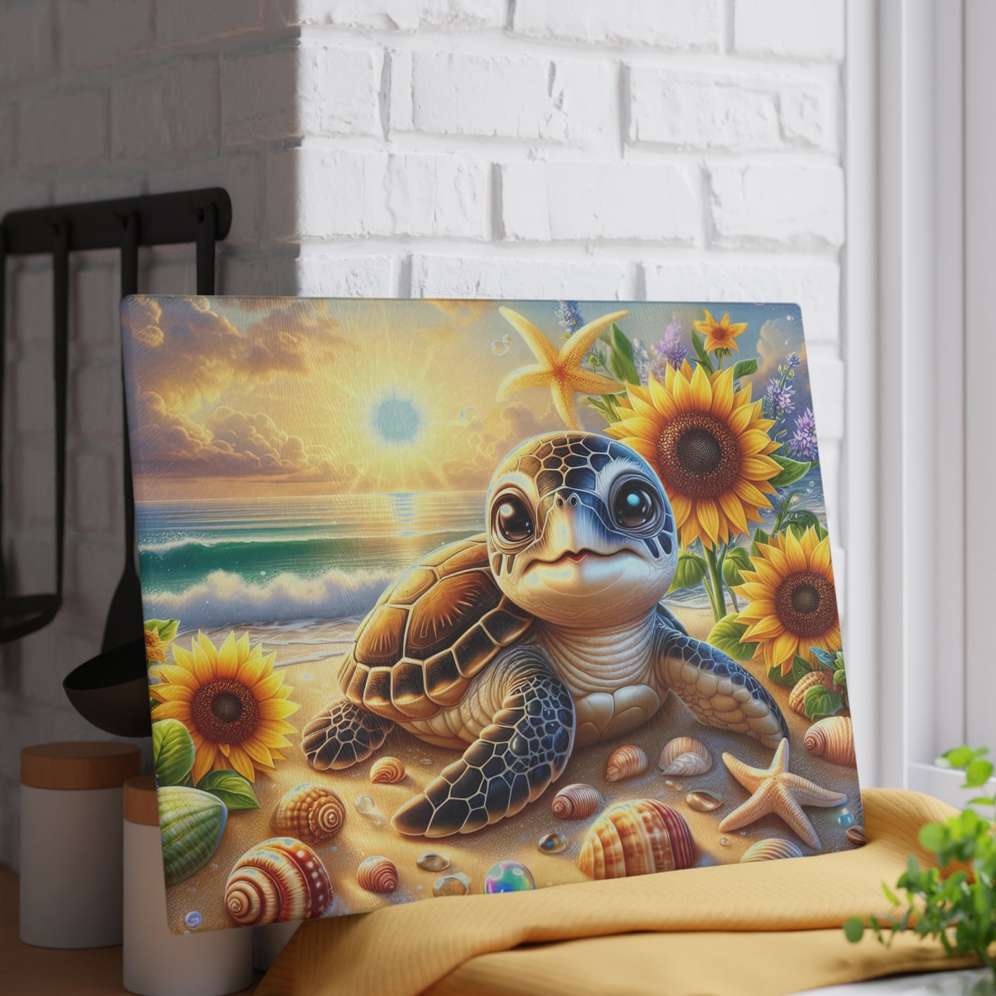 Sunny Shore Sea Turtle Glass Cutting Board – Coastal Beach Artwork with Sunflowers