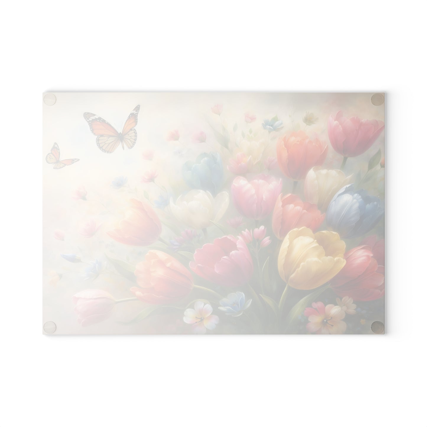 Tulips and Butterflies Glass Cutting Board – Elegant Floral Spring Kitchen Art