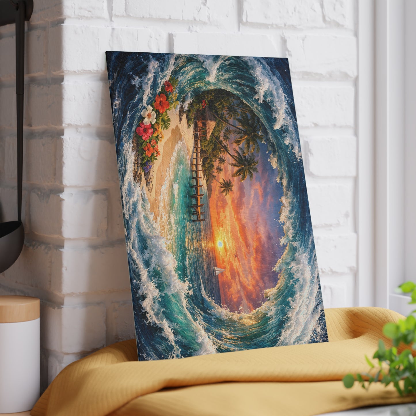 Coastal Escape Glass Cutting Board – Tropical Wave Sunset Kitchen Art & Display Board